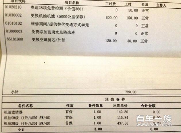 用车6000公里奥迪Q5保养作业与费用