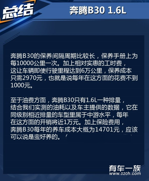 奔腾B30保养养车4S费用油耗一年多少钱