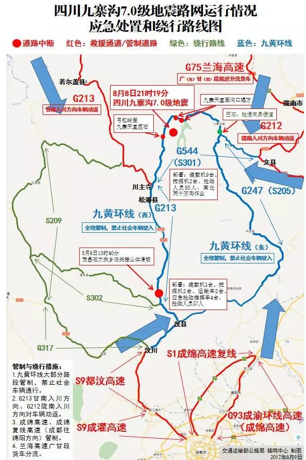 九寨沟地震路网运行应急处置和绕行路线图