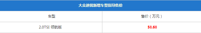 大众途锐新增2.0TSI领航版的售价是多少？