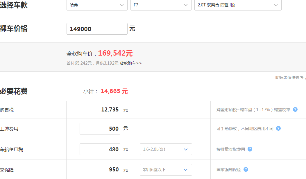 2019哈弗F7购置税多少钱？