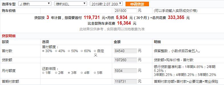 2019款捷豹XEL200PS尊享版贷款首付多少钱？