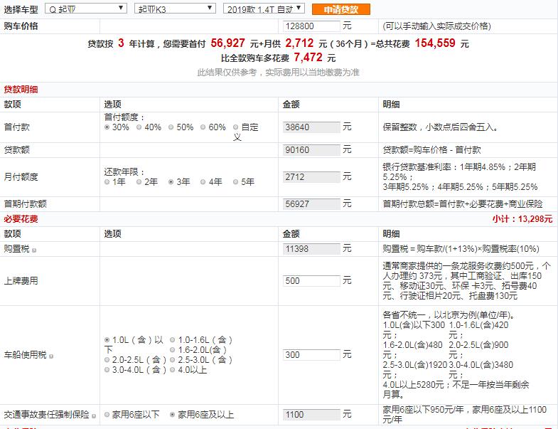 2019款起亚K3智享运动型首付多少？K3智享运动型月供多少？