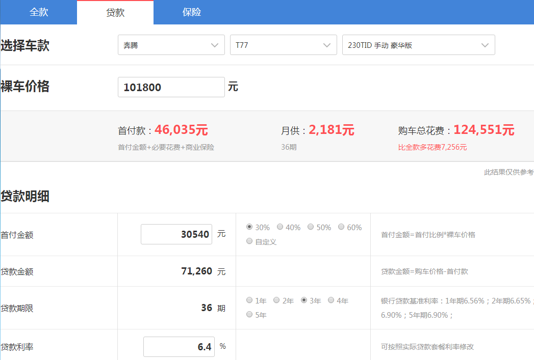 奔腾T77贷款价格 奔腾T77贷款购车计算