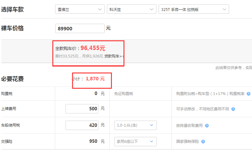 2020款科沃兹325T自动欣悦版落地价格 目前购车免购置税