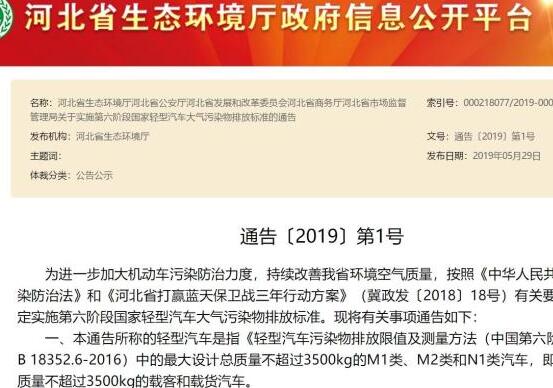 7月初进入国六标准 河北省也紧跟步伐