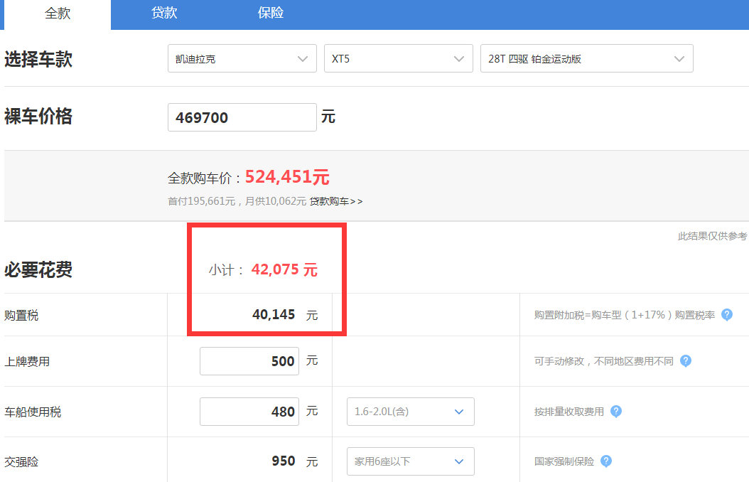 2020款凯迪拉克XT5购置附加税多少钱？