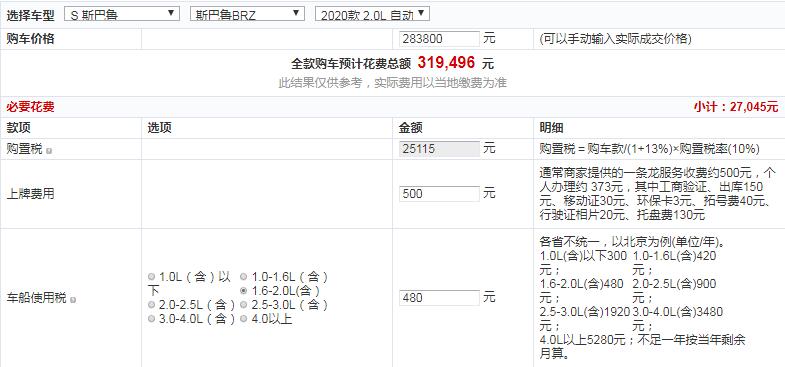 2020款斯巴鲁BRZ自动type-RS版全款多少钱？