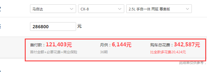 马自达CX-8尊贵型落地价是多少？尊贵型贷款购车多少钱？