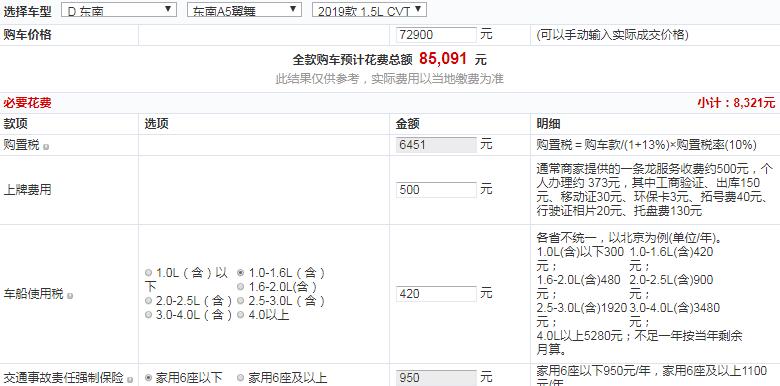 2019款东南A5翼舞CVT翼尊版全款多少钱？