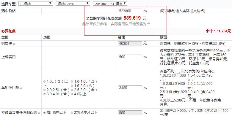 福特F150猛禽性能版全款落地多少钱？