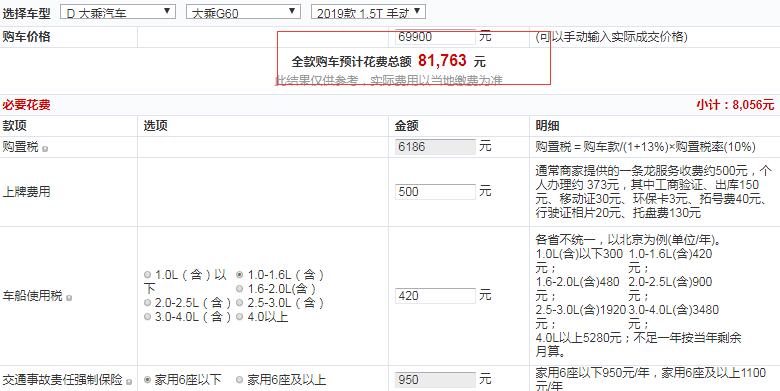 2019款大乘G60手动豪华型落地价多少？