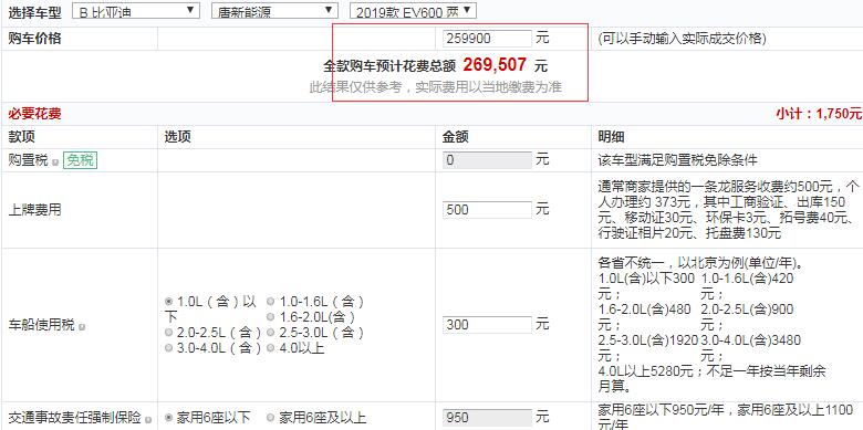 2019款唐EV600创悦型全款售价多少钱？