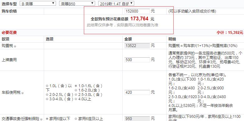 2019款奔腾B50自动智领型全款落地价多少？