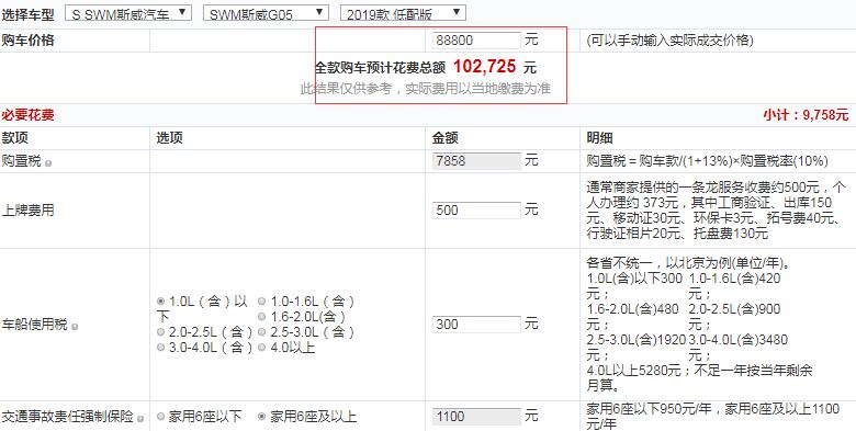 2019款斯威G05低配版全款价格多少钱？