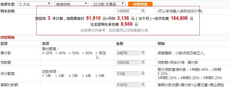 2019款朗逸纯电优享版贷款多少钱？朗逸纯电贷款月供多少？