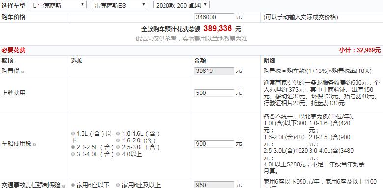 2020款雷克萨斯ES260卓越版全款价格多少？