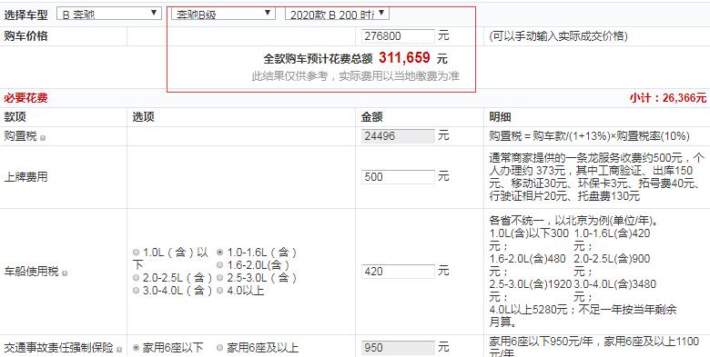 2020款奔驰B200时尚型全款落地价多少钱？