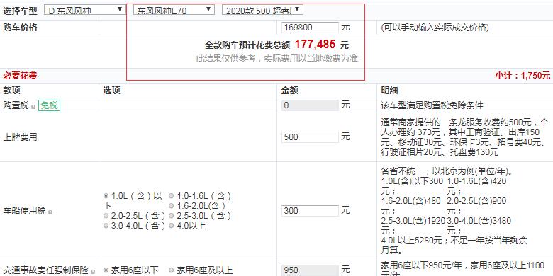 2020款风神E70 500超睿版全款落地多少钱？