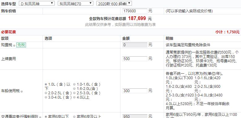 2020款风神E70 600超睿版全款多少钱提车？