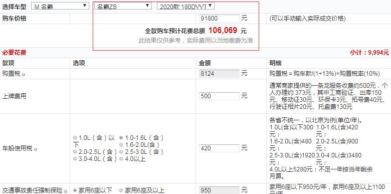 2020款名爵ZS自动Lite全款落地多少钱？