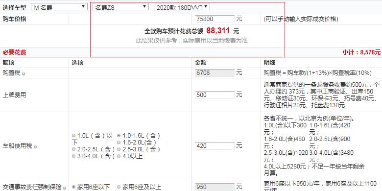 2020款名爵ZS手动Base全款落地价多少？