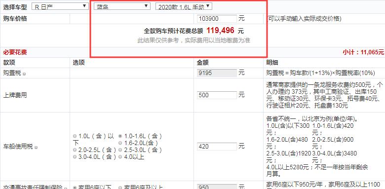 2020款蓝鸟手动炫酷版全款花费多少钱？