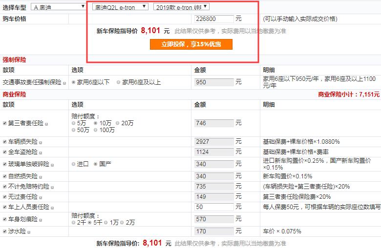 奥迪Q2L e-tron保险费多少？奥迪Q2L e-tron保险费计算