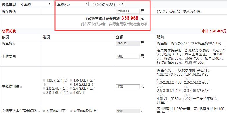 2020款奔驰A220L运动轿车版全款大概多少钱？