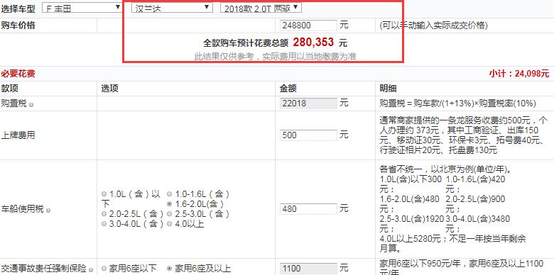 2018款汉兰达两驱精英版全款价格大概多少钱？