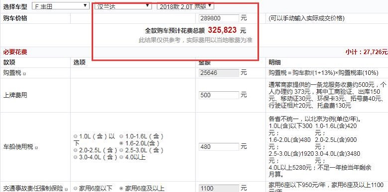 2018款汉兰达两驱豪华版全款大概花费多少钱？