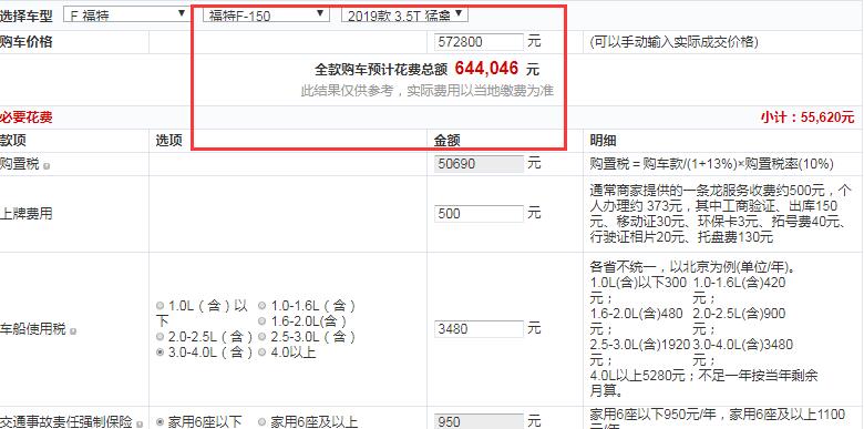 福特F-150LTD猛禽性能劲化版全款大概花费多少钱？