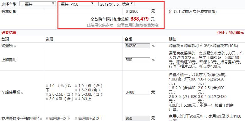 福特F-150LTD猛禽极地蓝光限量版全款落地价大概多少钱？