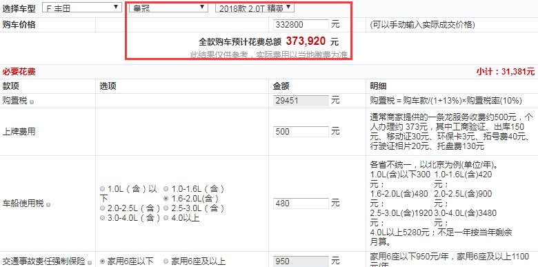 2018款皇冠精英版全款大概落地价花费多少？