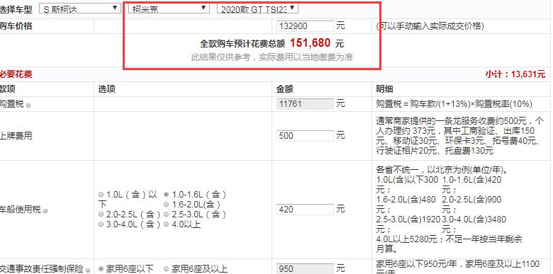 2020款柯米克GT DSG舒适版全款大概多少钱提车？