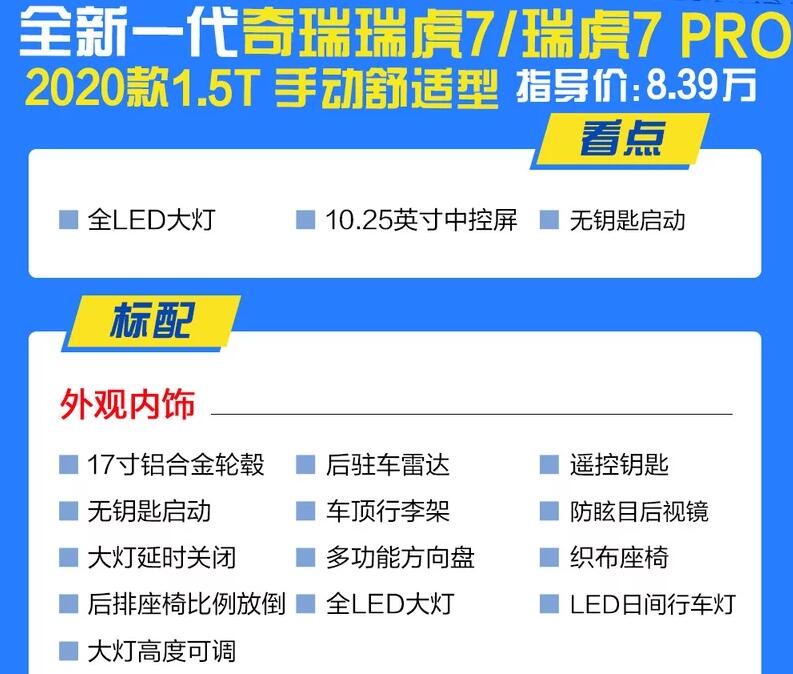 2020款瑞虎7手动舒适型怎么样?配置好吗?