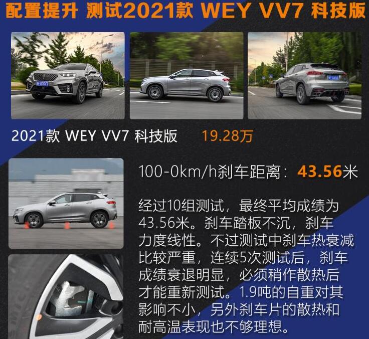 2021款vv7刹车距离,新款VV7百公里刹车距离