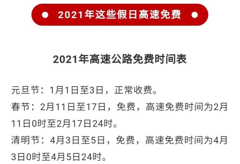 2021年假期高速免费时间,2021年假期高速公路免费